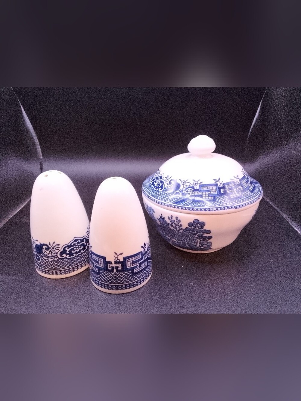 Churchill England Blue Willow Salt/Pepper &Sugar Bowl W Lid